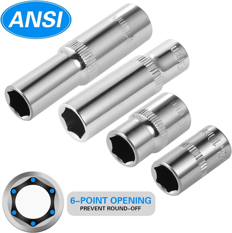 HouseUp [10-Piece] 10mm Socket Set, 1/4-Inch & 3/8-Inch Drive Impact Socket, 6-Point & 12-Point, Deep and Shallow, Mirror Chrome Finish - Image 4
